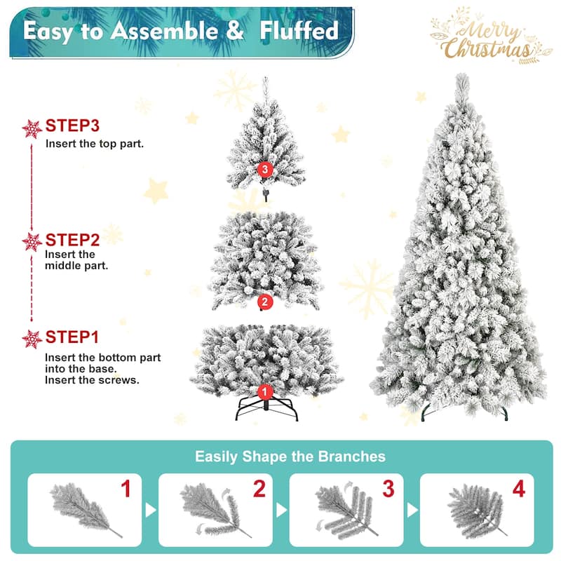 Flocked Artificial Christmas Tree - Snowy PVC & Hard Needle Branches, Hinged Structure, Metal Stand - Green,White