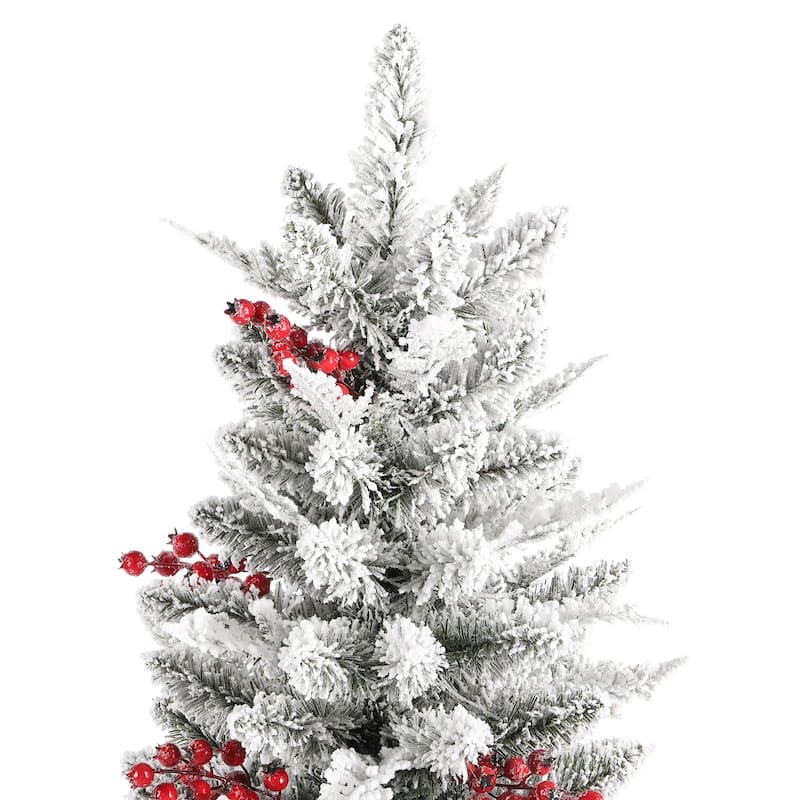 Glitzhome 4ft Pre-Lit Flocked Artificial Christmas Porch Tree with and Red Berries and 60 Warm White/Multi-color Lights