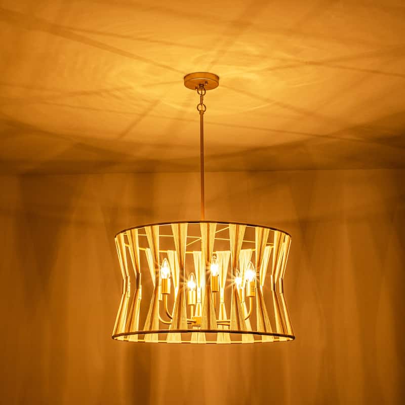 6-Light 23.6" Farmhouse Boho Hand-Woven Ivory Rope Tapered Fabric Drum Chandelier