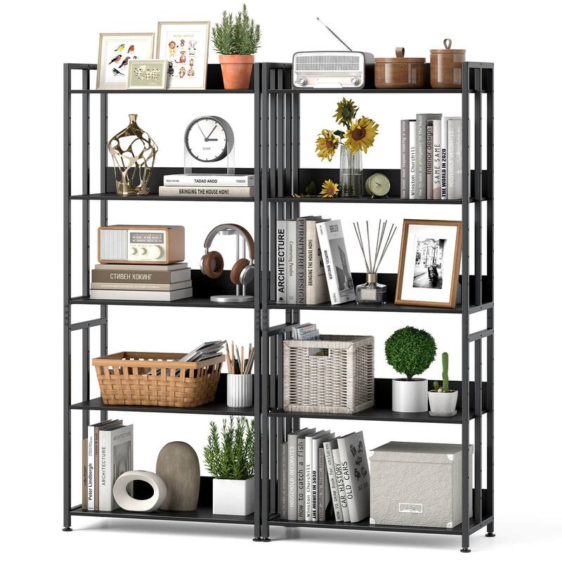 Set of 1/2 5-Tier Bookshelf 62" Tall Bookcase w/ Adjustable Shelves - Black - 2 pcs