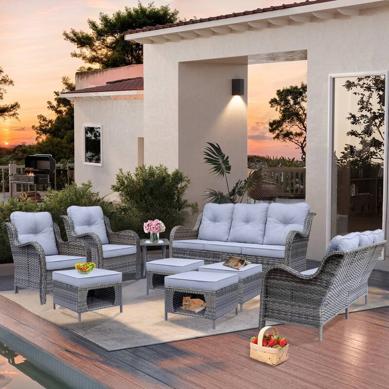 High Back Gray Wicker Outdoor Patio Furniture Sofa Seating Set with Cushions