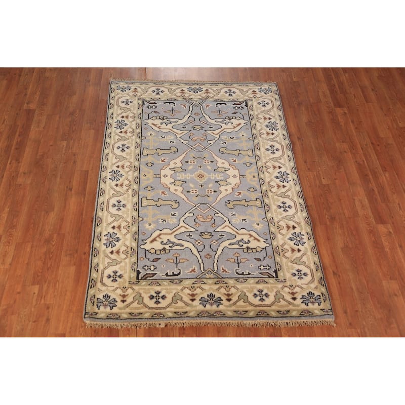 Light Blue Oushak Oriental Rug Floral Handmade Wool Carpet - 4'1"x 5'11"