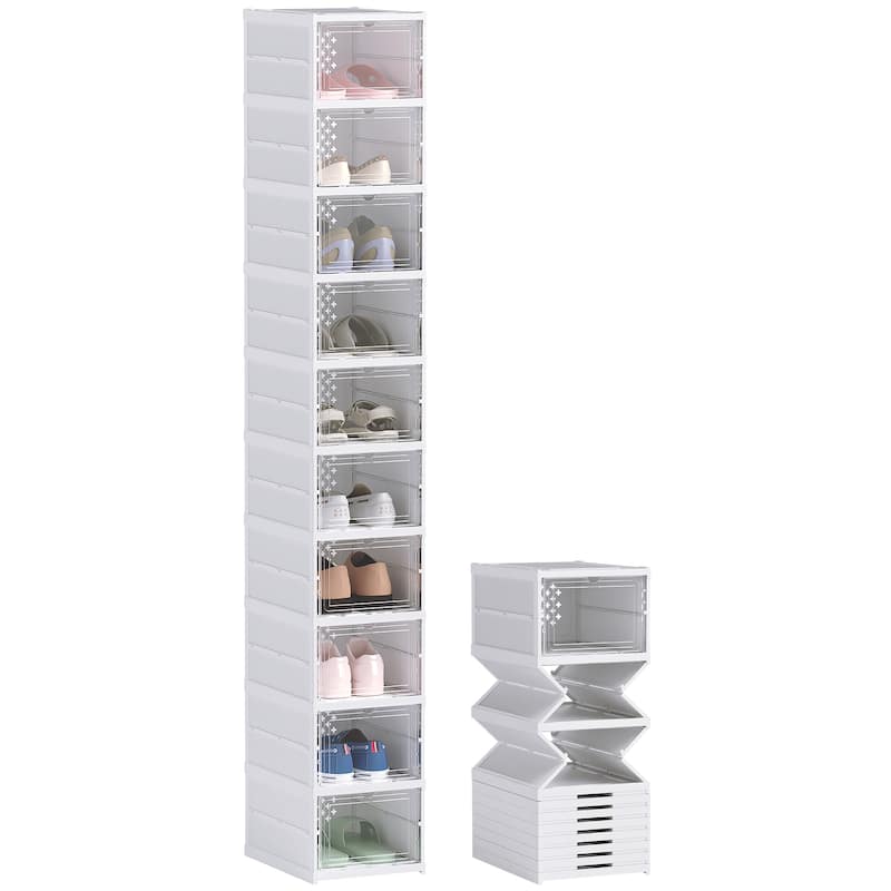 HOMCOM 10 Pack Foldable Shoe Organizer, Plastic No Assembly Stackable Shoe Storage Box with Clear Door, Space Saving - White