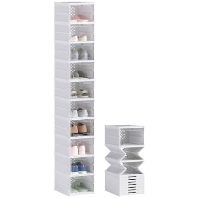 HOMCOM 10 Pack Foldable Shoe Organizer, Plastic No Assembly Stackable Shoe Storage Box with Clear Door, Space Saving