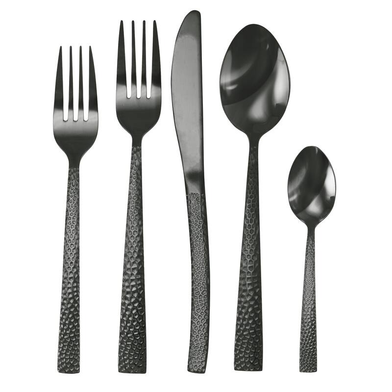 Daisy 20 Piece Hammered Design Stainless Steel Silverware Set in Black