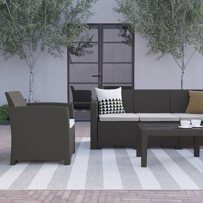4 Piece Outdoor Faux Rattan Chair, Loveseat, Sofa and Table Set