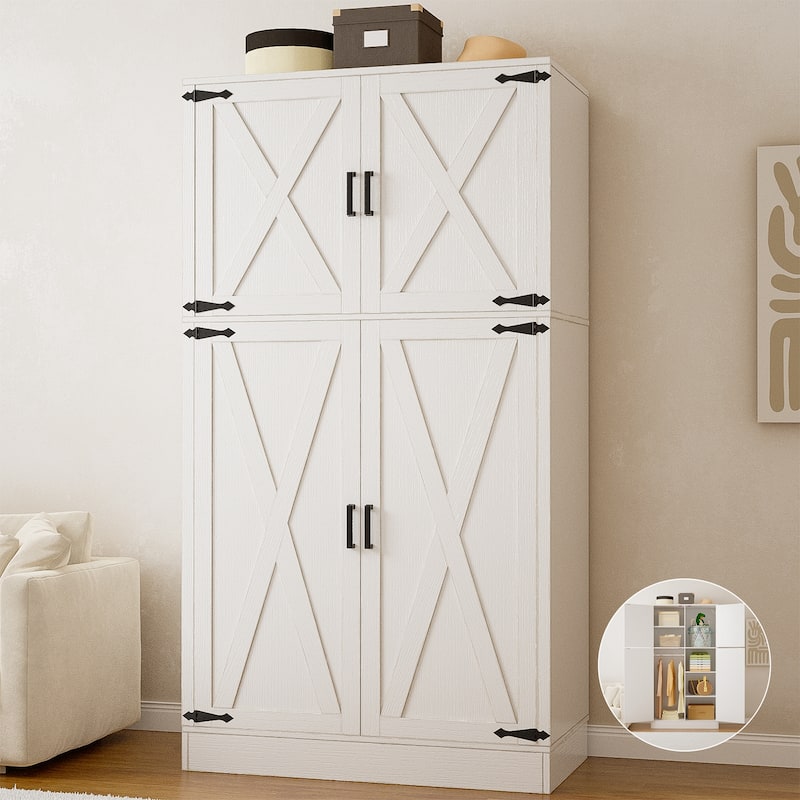 Rackcog Wooden Wardrobe with Barn Doors, Farmhouse Closet Storage Cabinet with Hanging Rod
