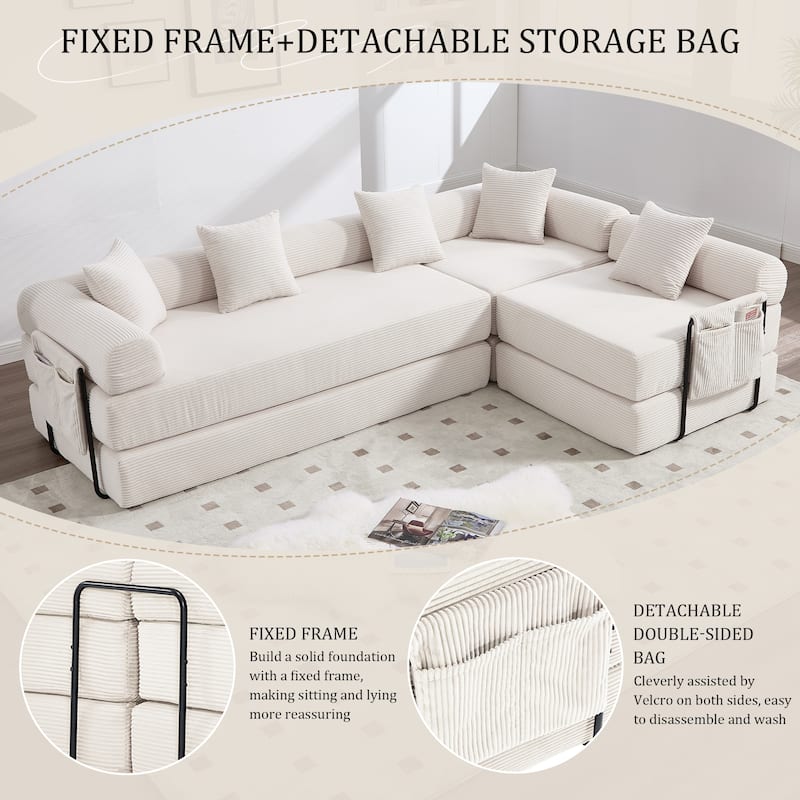 HOMEFUN Corduroy Upholstered Convertible Folding Sofa Bed with Fixed Frame and Pillow Back Handrail