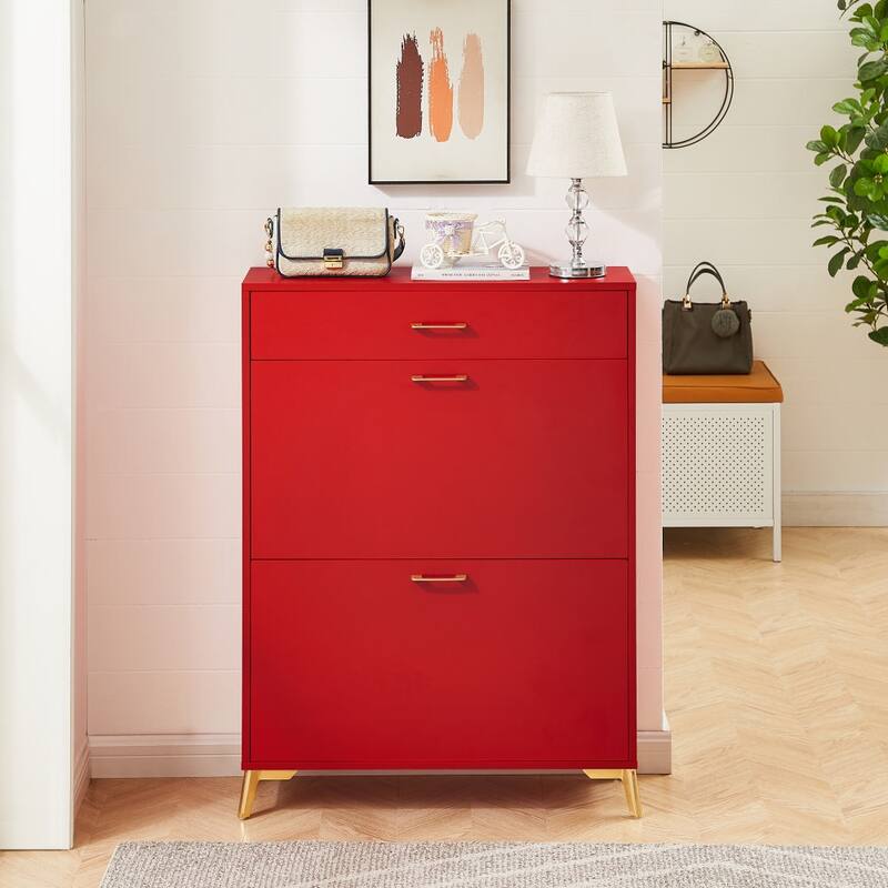 GDF Studio - Modern Shoe Storage Cabinet with 2 Flip Drawers and Hidden Organizer - Red