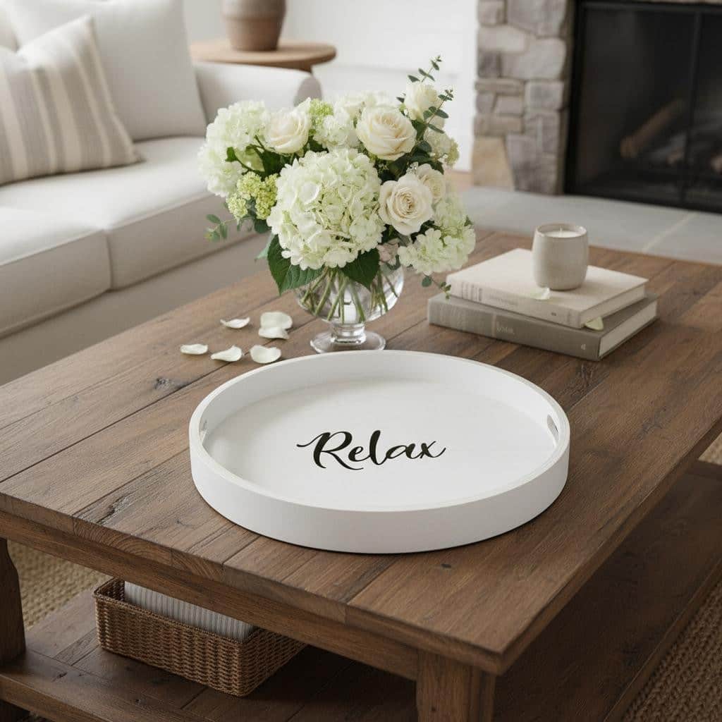 HomeRoots 14" Gray And Black Relax Round Serving Tray With Handles - 13.75 in. x 1.65 in. x 13.75 in.