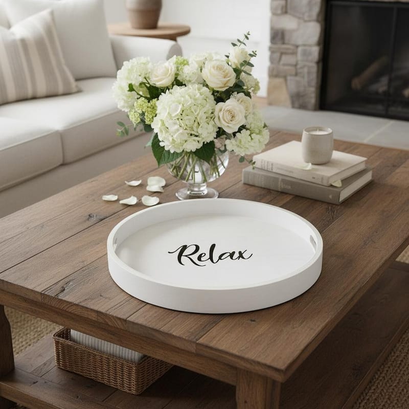 HomeRoots 14" Gray And Black Relax Round Serving Tray With Handles - 13.75 in. x 1.65 in. x 13.75 in. - Black/Gray - 13.75 in. x 1.65 in. x 13.75 in.