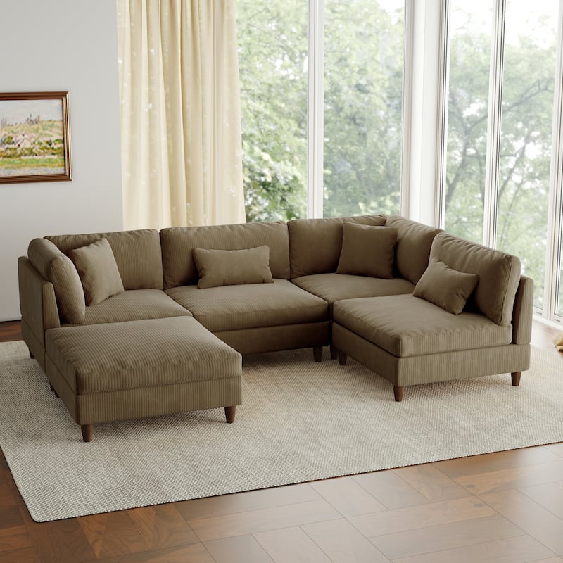 5-Piece Modern Comfy Corduroy Modular Sectional Sofa with Ottoman
