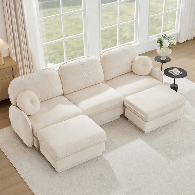 105" Chenille Sectional Sofa with 2 Round Pillows and 2 Movable Ottomans - Cream Beige