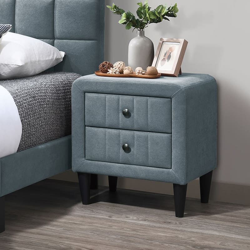 2 Drawers Brushed Linen Fabric Nightstand with Tapered Shape Legs