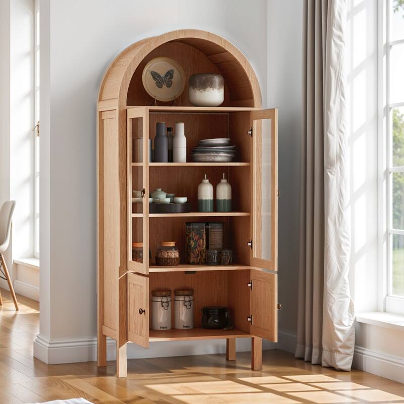 Moasis 71" Tall Arched Storage Display Cabinet with LED Light - Natural