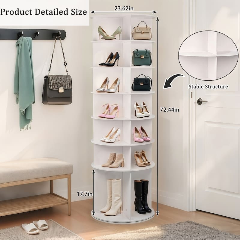 White 360 Degree Rotating Shoe Rack Tower 7 Tier Storage Organizer with Boot Compartment for 28 Pairs of Shoes