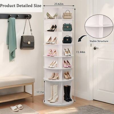 White 360 Degree Rotating Shoe Rack Tower 7 Tier Storage Organizer with Boot Compartment for 28 Pairs of Shoes