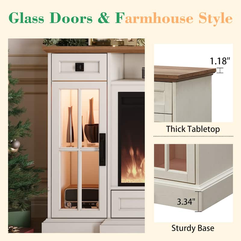 Fireplace TV Stand for 80" TV, Farmhouse Entertainment Center with LED