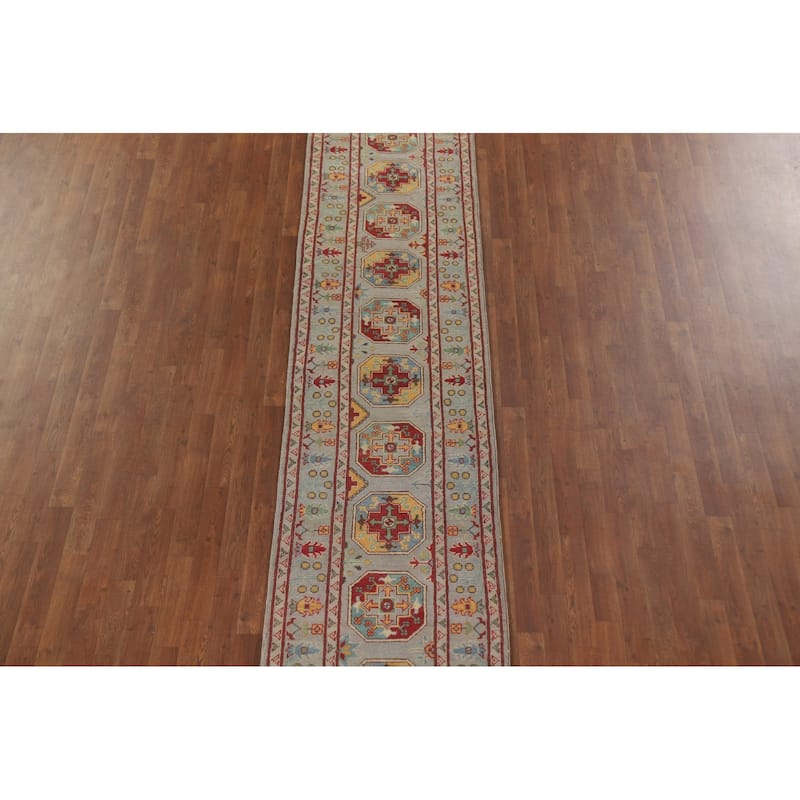 Hand Knotted Oriental 100% Wool Carpet Traditional Geometric Multi-Colored Kazak Runner Rug - 19' 10'' X 2' 6''