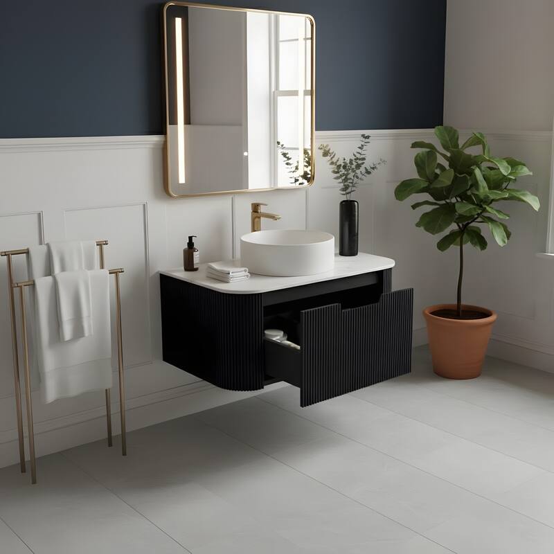 Wall Mounted Bathroom with White Round Ceramic Basin and Drawer