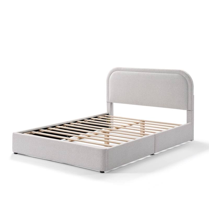 Queen Size Upholstered Bed Frame Platform Bed with Curved Headboard for Master Bedroom Guest Room