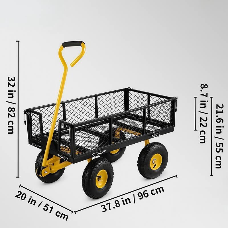 Heavy-Duty Steel Garden Cart - 900lb Capacity, Removable Mesh Sides & 180° Handle, 10" Tires