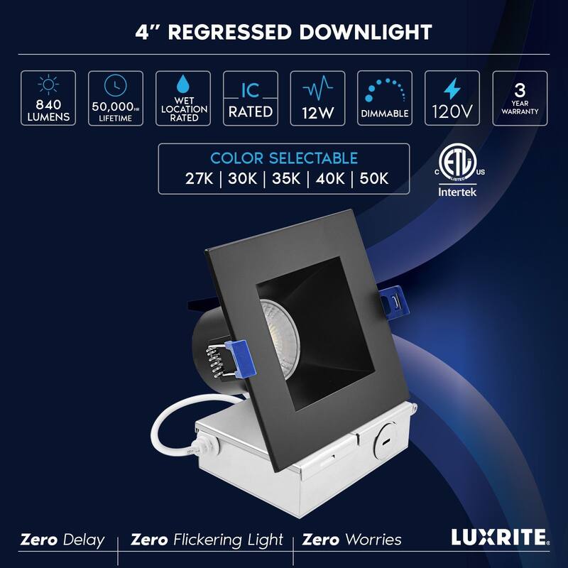 Luxrite 4 in. Square LED Recessed Ceiling Light J-Box 12W 5CCT 840 Lumens Wet Rated Black Trim 4 Pack