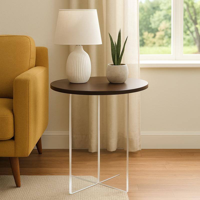 LeisureMod Valore Modern Side Coffee Accent Table with Round Wood Top and Acrylic Cross Legs for Home Office Living Room Bedroom