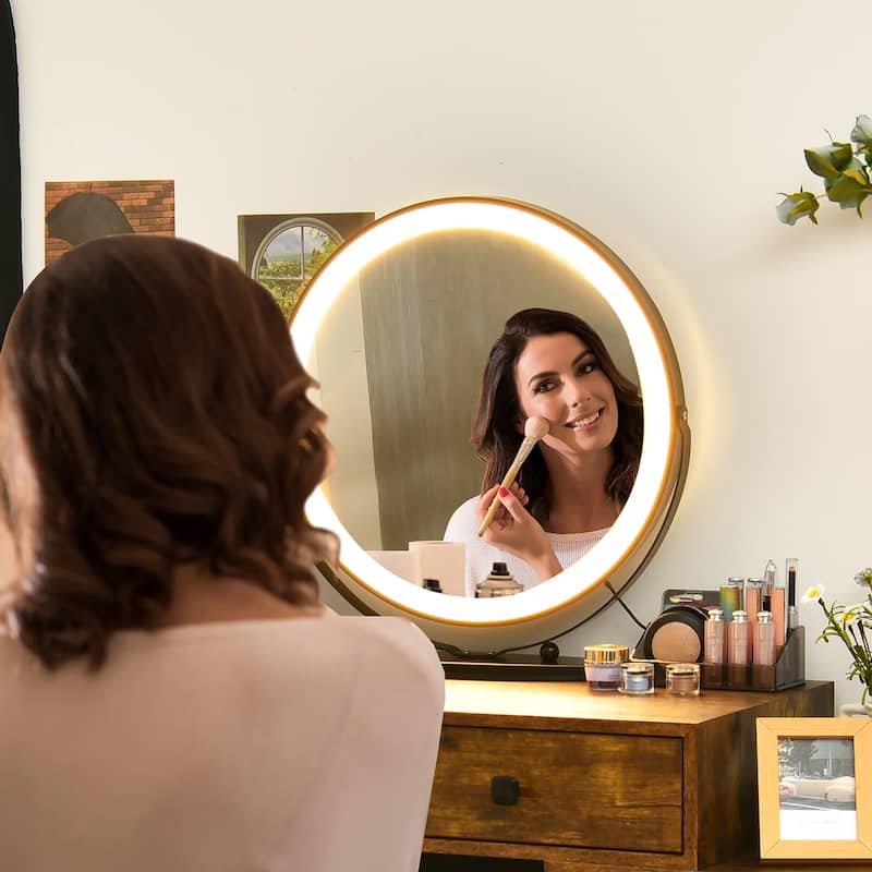 Costway Vanity Table Stool Set Dimmer LED Mirror Large Storage Cabinet - See details