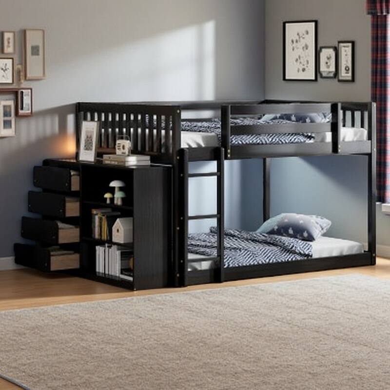 Full Size Bunk Bed with Drawers, Shelves & Reversible Ladder, Durable Solid Wood Structure - Espresso