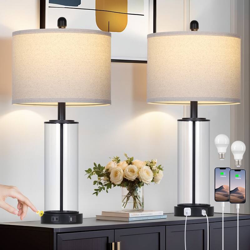 26'' Black Modern Cylinder Table Lamp with USB-C Fast Charging, Dimmable LED, 3-Way Touch(Set of 2) - 12.5'' x 12.5'' x 26''