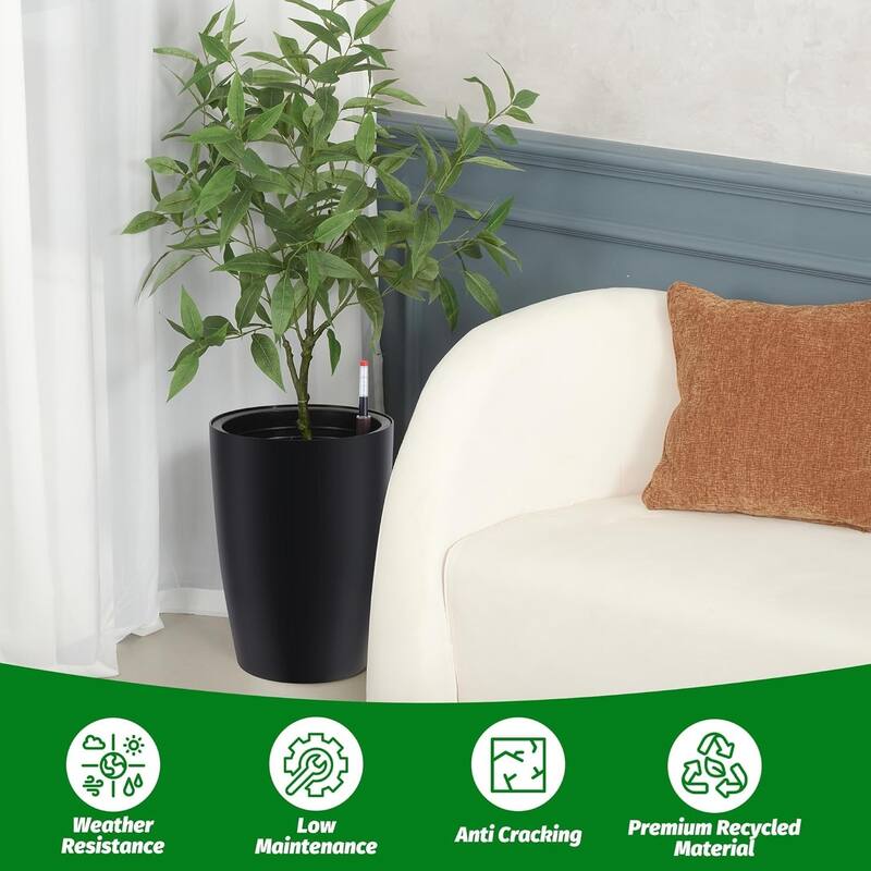 Set of 4 16-in Tall Self-Watering Planters with Built-in Drainage and Water Level Monitor Black
