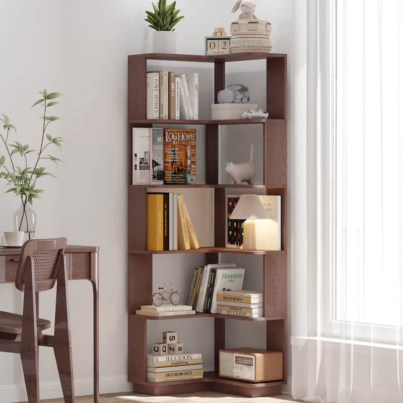 6 Tier Freestanding L-Shaped Corner Bookshelf For Living Room, Bedroom, Wooden Bookcase with anti tipping device