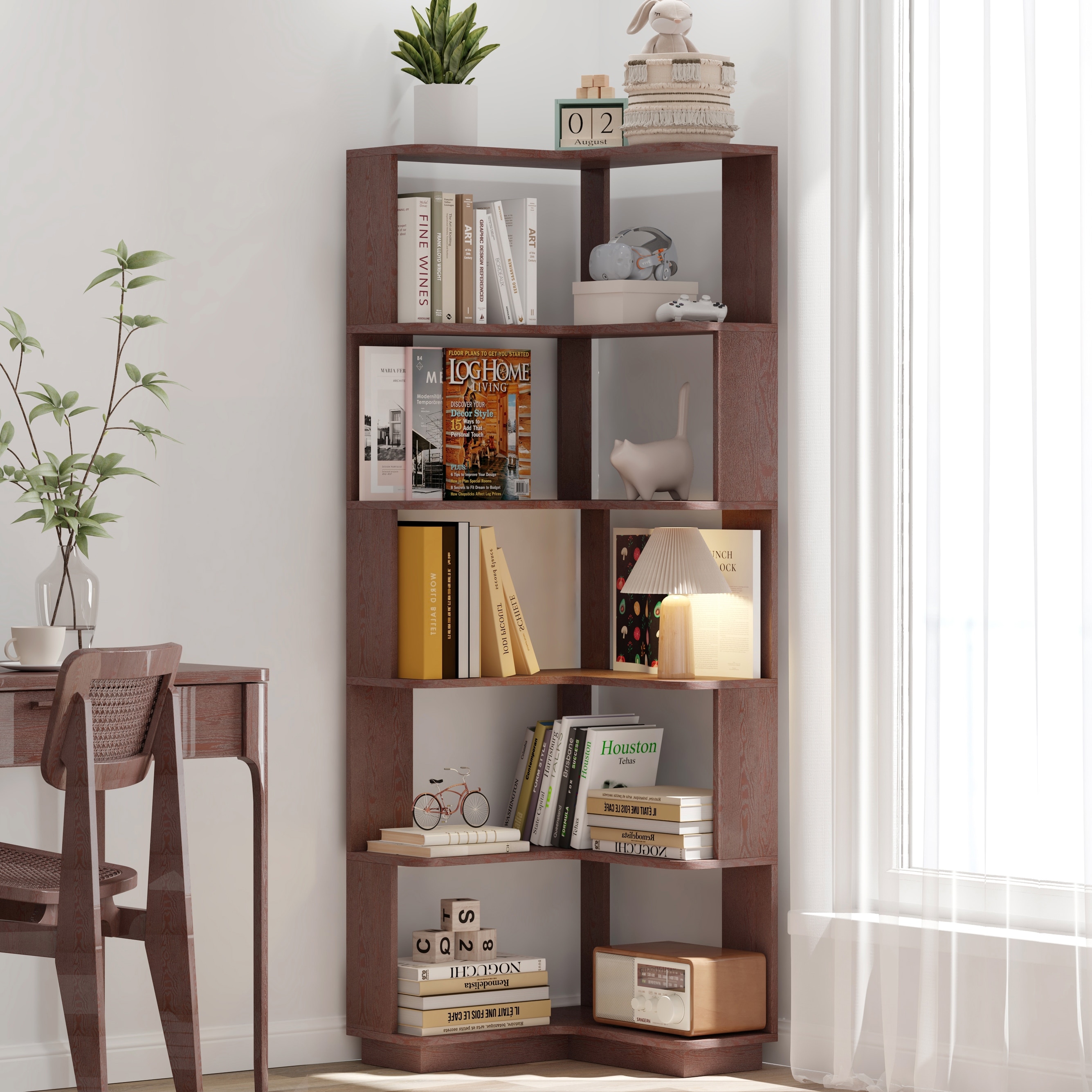 L-Shaped Wooden Corner Bookcase with 6-Tier Open Shelves & Anti-Tip Device – Modern Storage Solution for Home or Office.