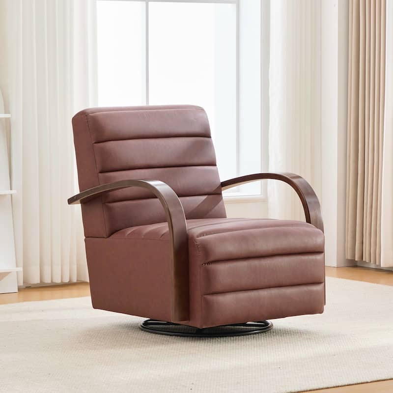 Modern Upholstered 360° Swivel Accent Chair with Solid Wood Armrests and Comfy Lounge Reading Chair, Single Sofa Armchair - Brown