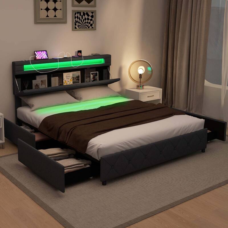 Costway Full/Queen Size Bed Frame with Led Lights & Charging Station &