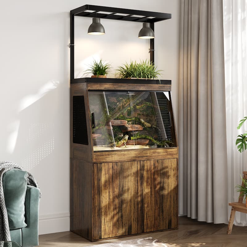 Multi-Functional Reptile Terrarium Cabinet with Sliding Glass Doors, Plant Shelf & Storage Base Vivarium Stand with Lighting Bar