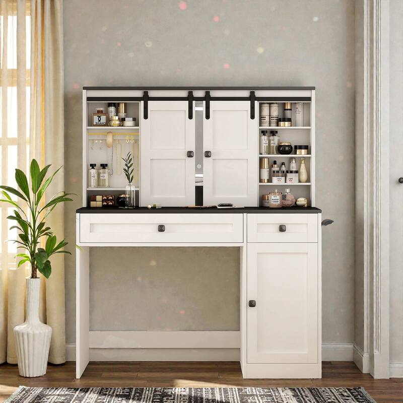 43 Inch Farmhouse Makeup Vanity Table with Lighted Mirror, Storage Drawers and Hair Dryer Holder for Bedroom - White