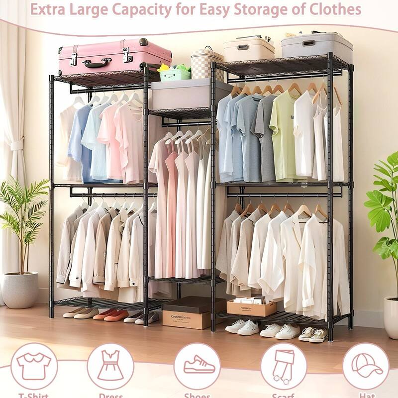 Heavy Duty Garment Rack with 8 Shelves & 5 Rails, Black
