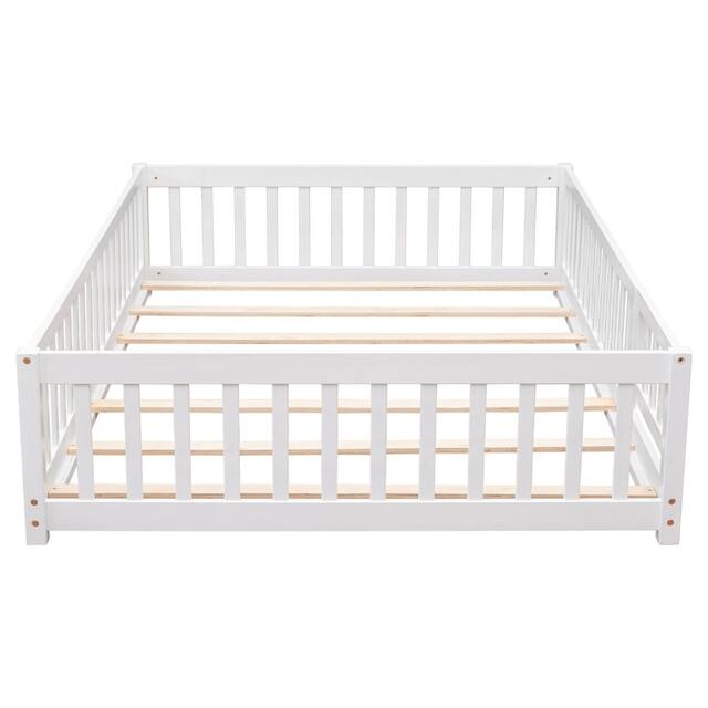 Twin/Full/Queen size Floor Platform Bed with Fence and Door for Kids, Toddlers