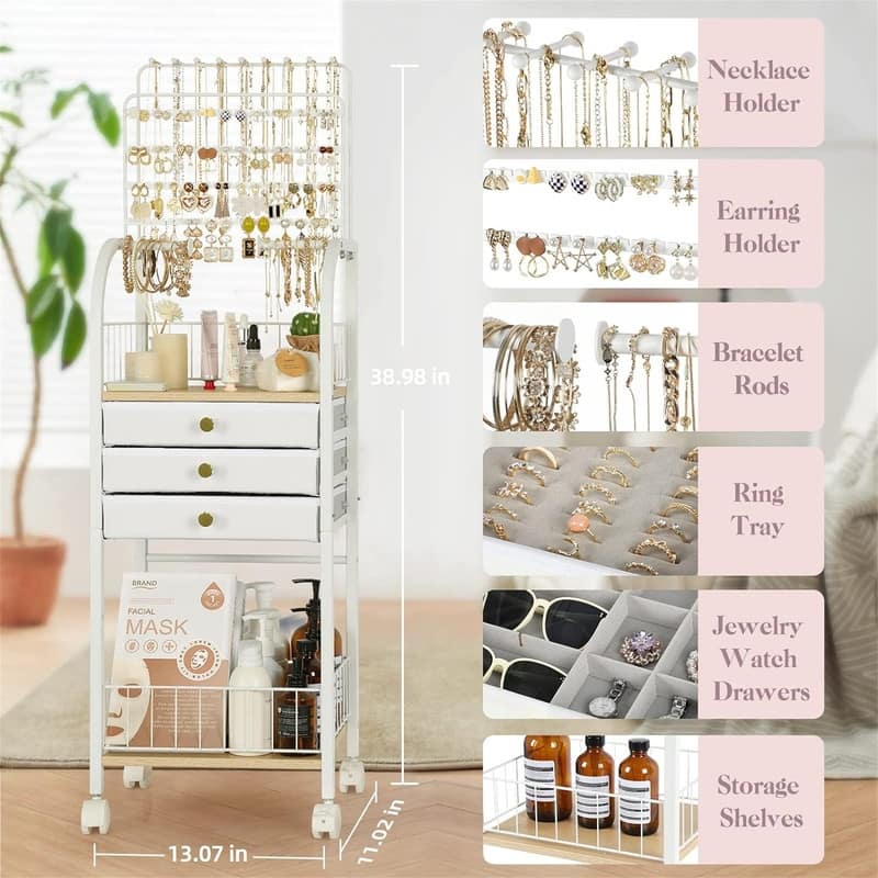 Large Jewelry Stand with 3 Jewelry Box Drawer - 11.02"D x 13.07"W x 38.98"H