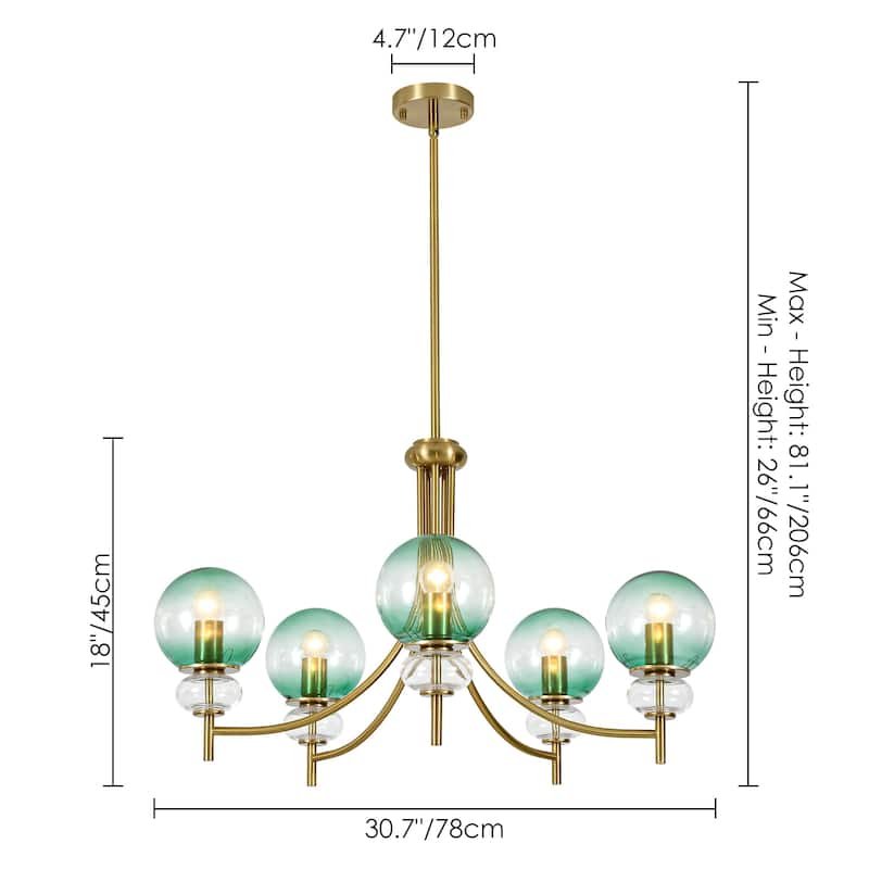 5-Light Mid-Century Modern Luxury Green Sputnik with Open/Bubble Glass Globe Shades Chandelier for Dining Room, Living Room
