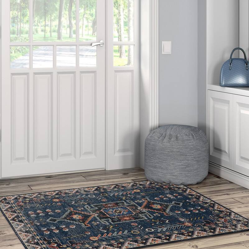 Larson Machine Washable Teal & Ivory Area Rug