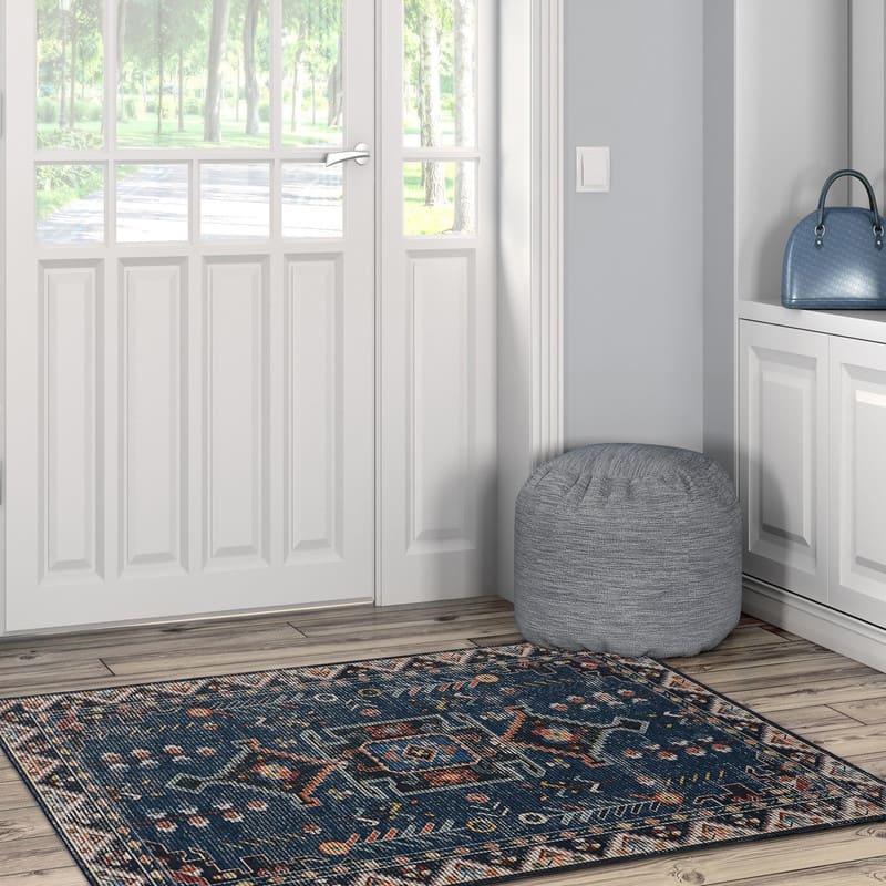 Larson Machine Washable Teal & Ivory Area Rug