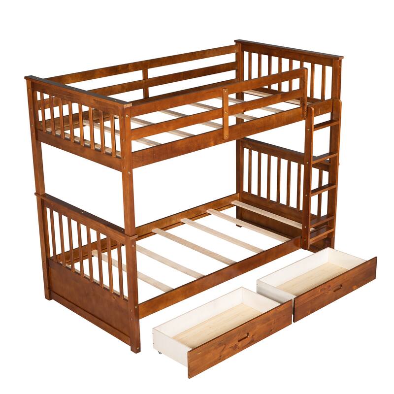Twin-Over-Twin Bunk Bed with Ladders and Two Storage Drawers in Walnut Finish