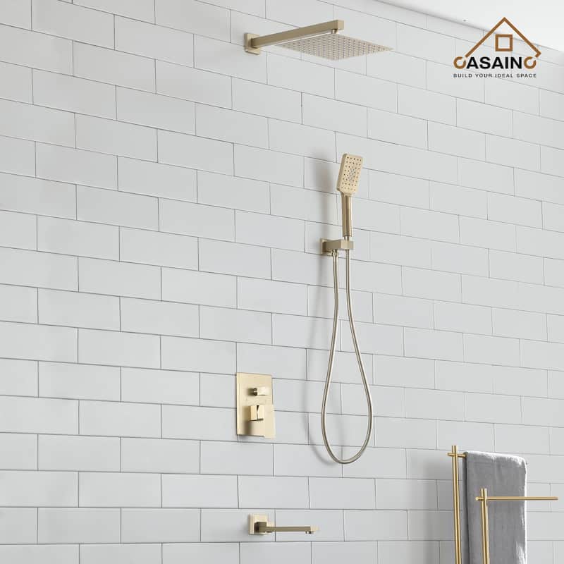 1-Handle 3-Spray Pattern 10 in Wall Mount Shower Head, Tub and Shower Faucet, Brushed Gold (Valve Included) - 10 inch