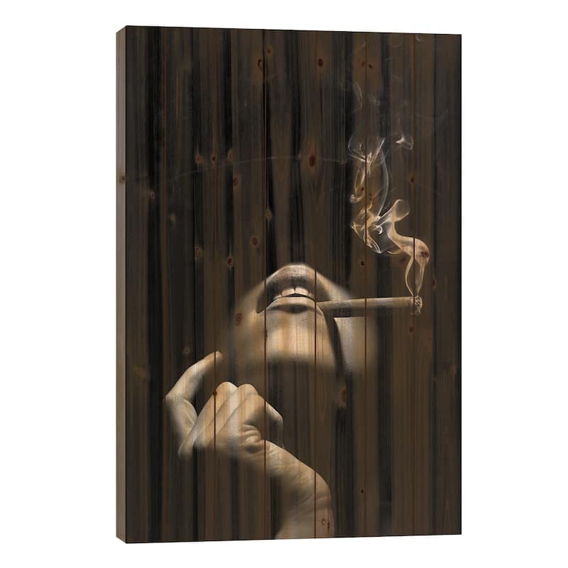 Woman Smoking A Cigar Print On Wood by Johan Swanepoel - Multi-Color - 40x26x1.5