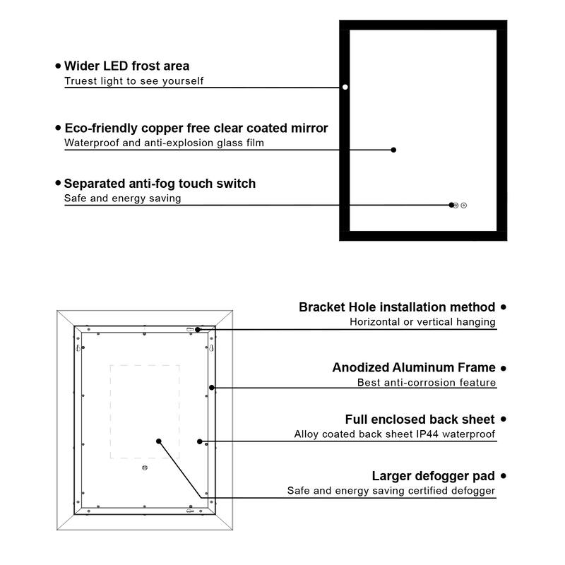 Wall Mounted Bathroom Frameless With Back/Front Light LED Mirror,Anti-fog