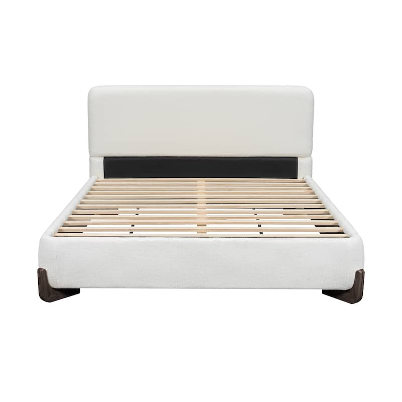 Queen / King Elegant Upholstered Bed with Dark Brown Solid Wood Legs Boucle Fabric