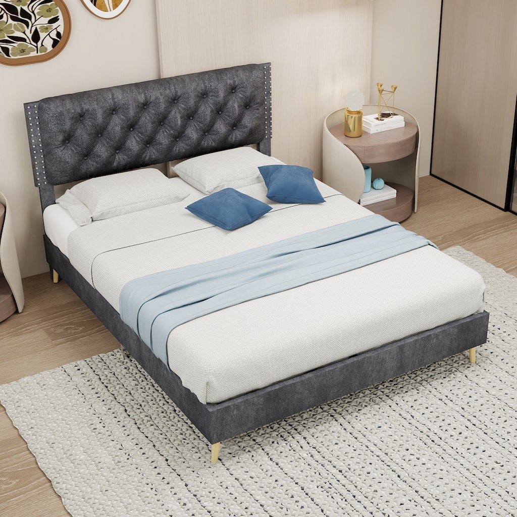 Grey Full Size Platform Bed Frame with Upholstered Headboard